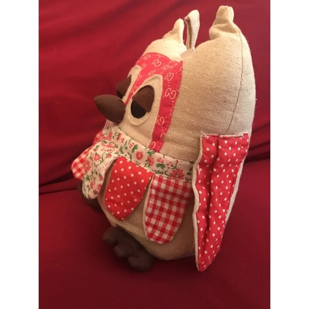 Handmade Owl Doorstop Plush Red Gingham Polka Dot Floral GG Print Decorative